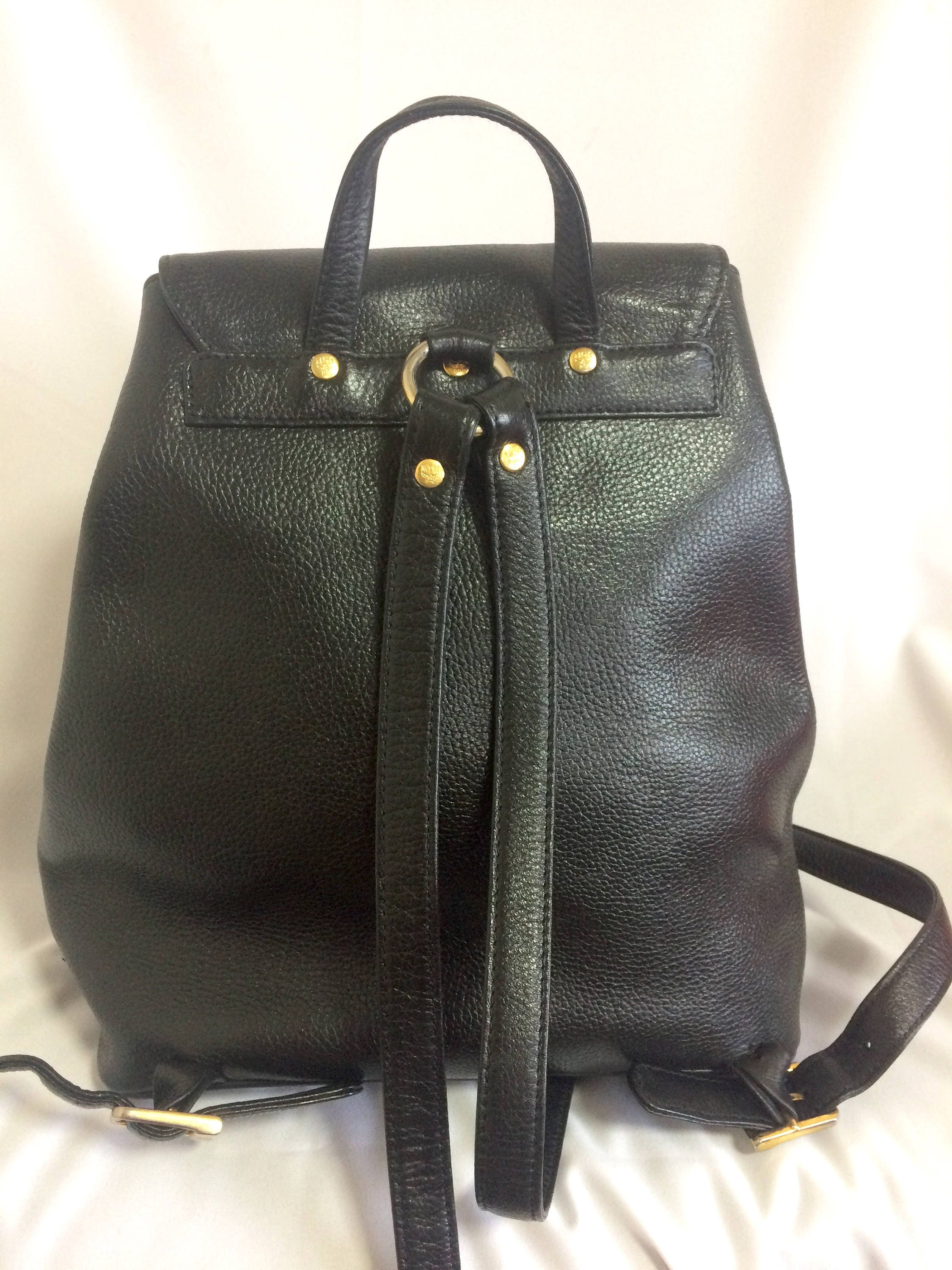 Vintage MCM Black Leather Backpack With Golden Studded Logo - Etsy