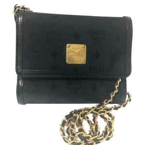 Vintage MCM black nylon monogram rare clutch shoulder bag with leather trimmings golden chain strap. Phenomenon, Big Bang. 070519re1
