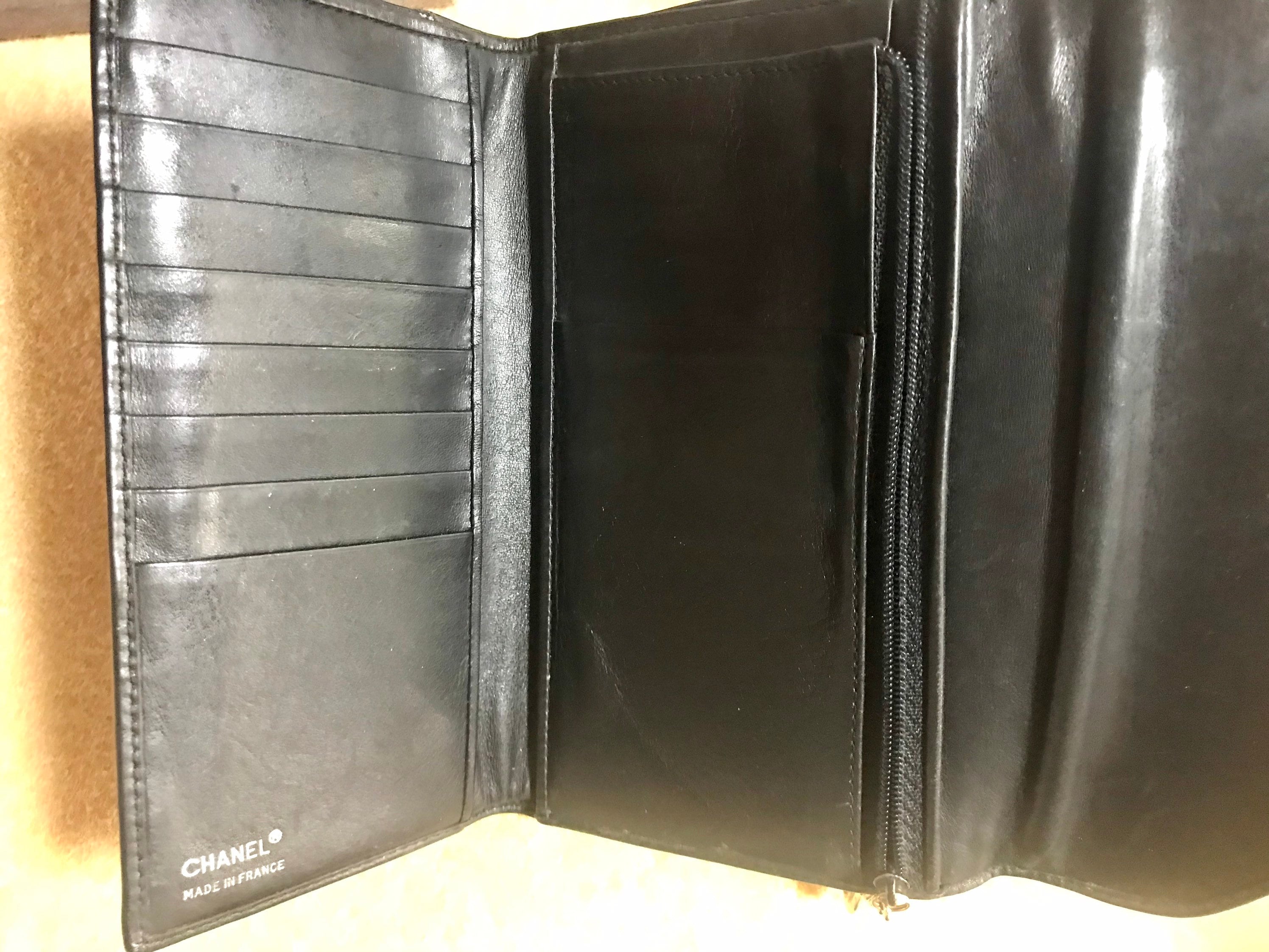 Vintage CHANEL Black Leather Wallet With Large CC Stitch Mark. 