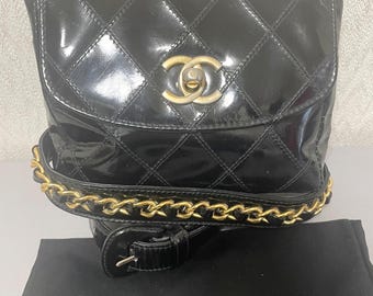 Vintage CHANEL black patent enamel leather belt bag, fanny pack with matching belt. Belt size 26” through 28.3”.(66cm through 72cm) 0405162