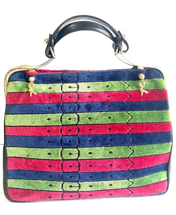 Vintage Roberta Di Camerino Black Leather Handbag With Tricolor Red Navy and Green Stripe Pattern Velvet Fabric. 060926re1 Etsy