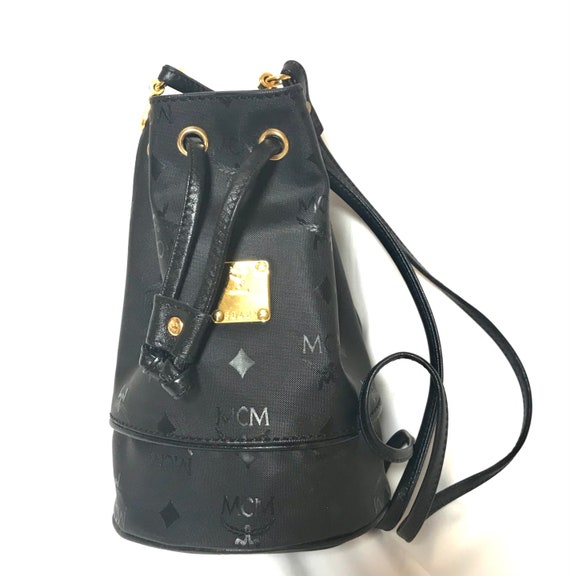 MINT. Vintage MCM black monogram small hobo bucket shoulder bag