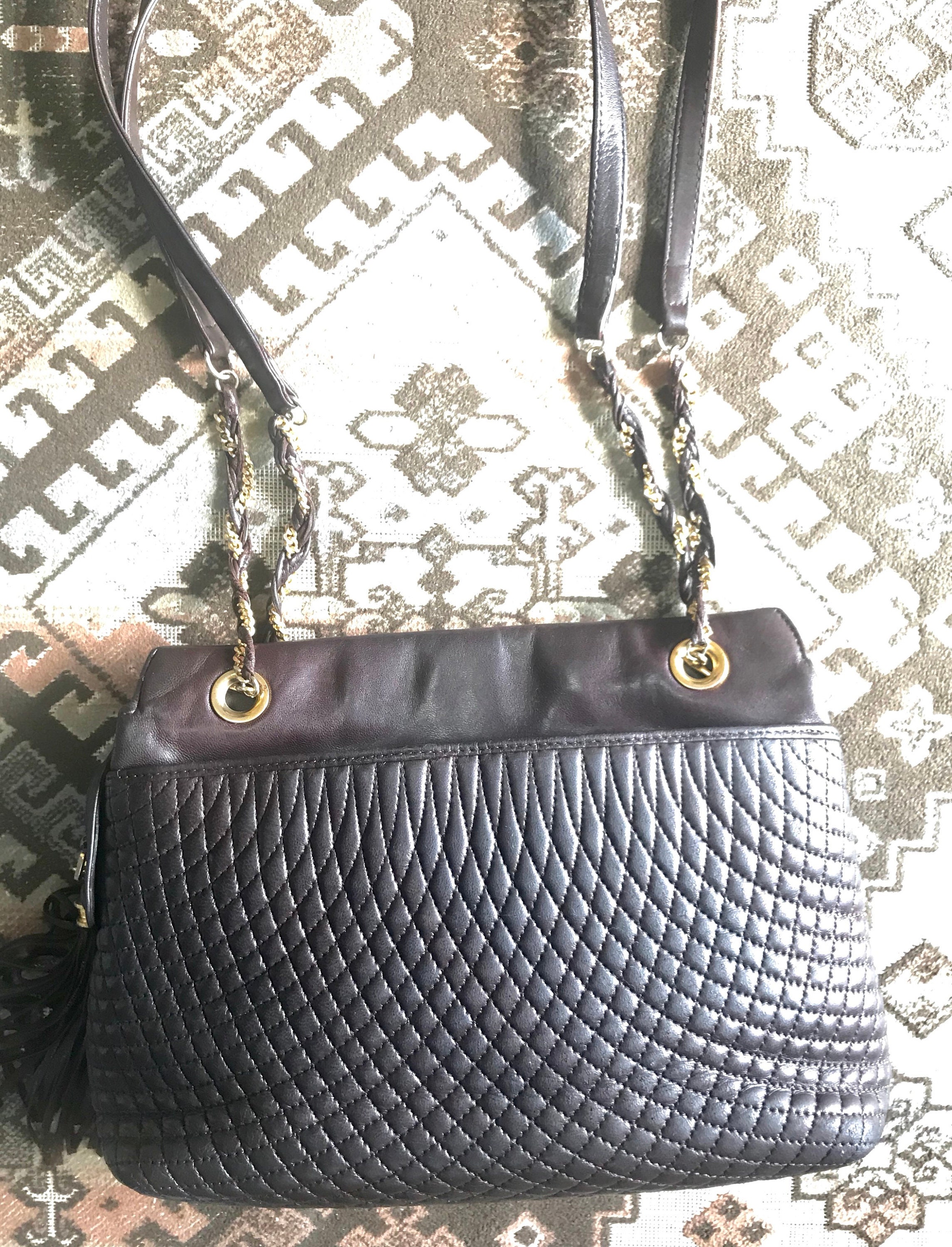 Vintage Bally quilted dark brown leather chain mix shoulder bag tote bag with chain straps and a tassel to the zipper. 050320r14 Etsy