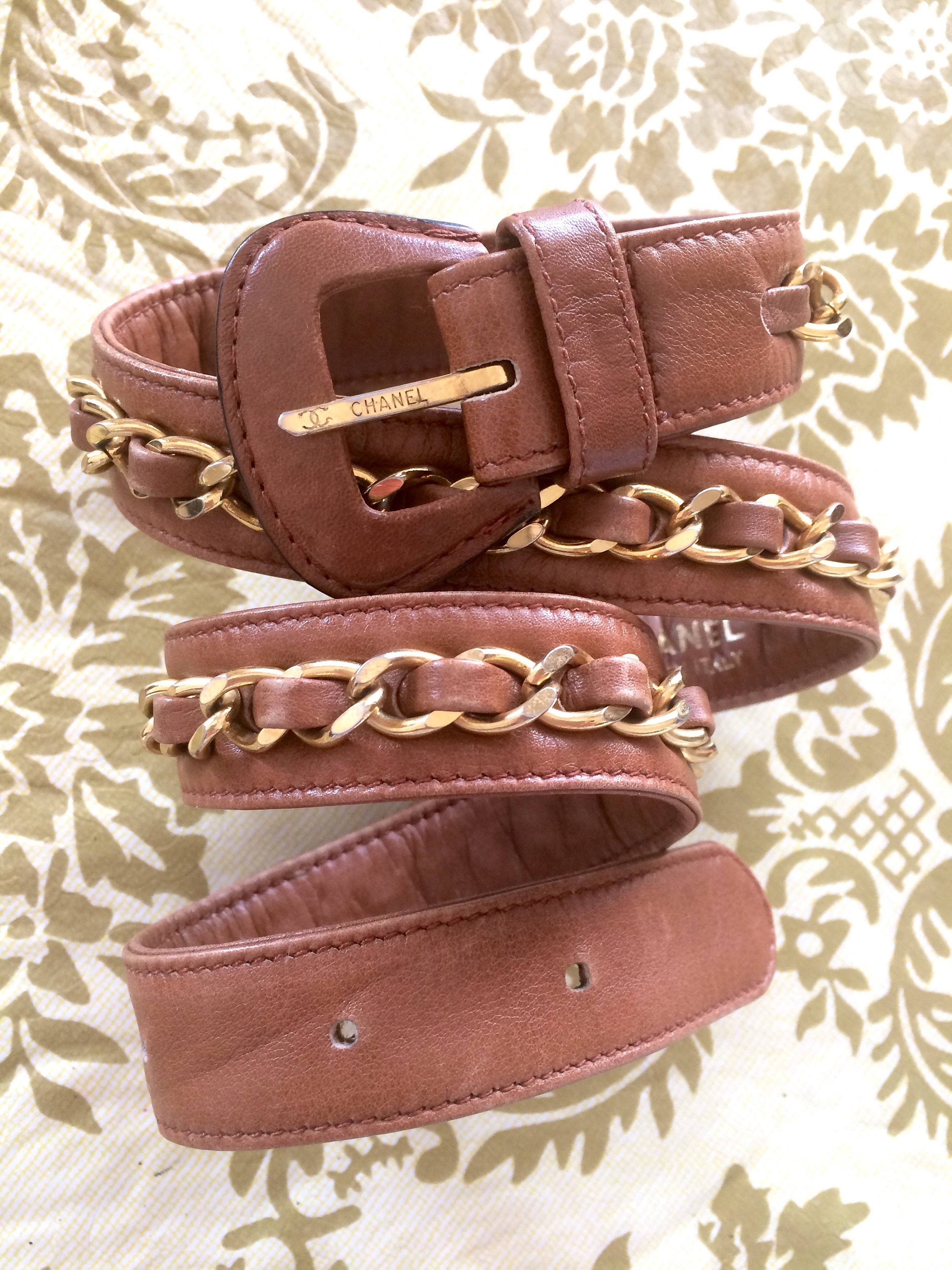 1980s Vintage CHANEL Brown Leather Belt With Gold Tone Chains