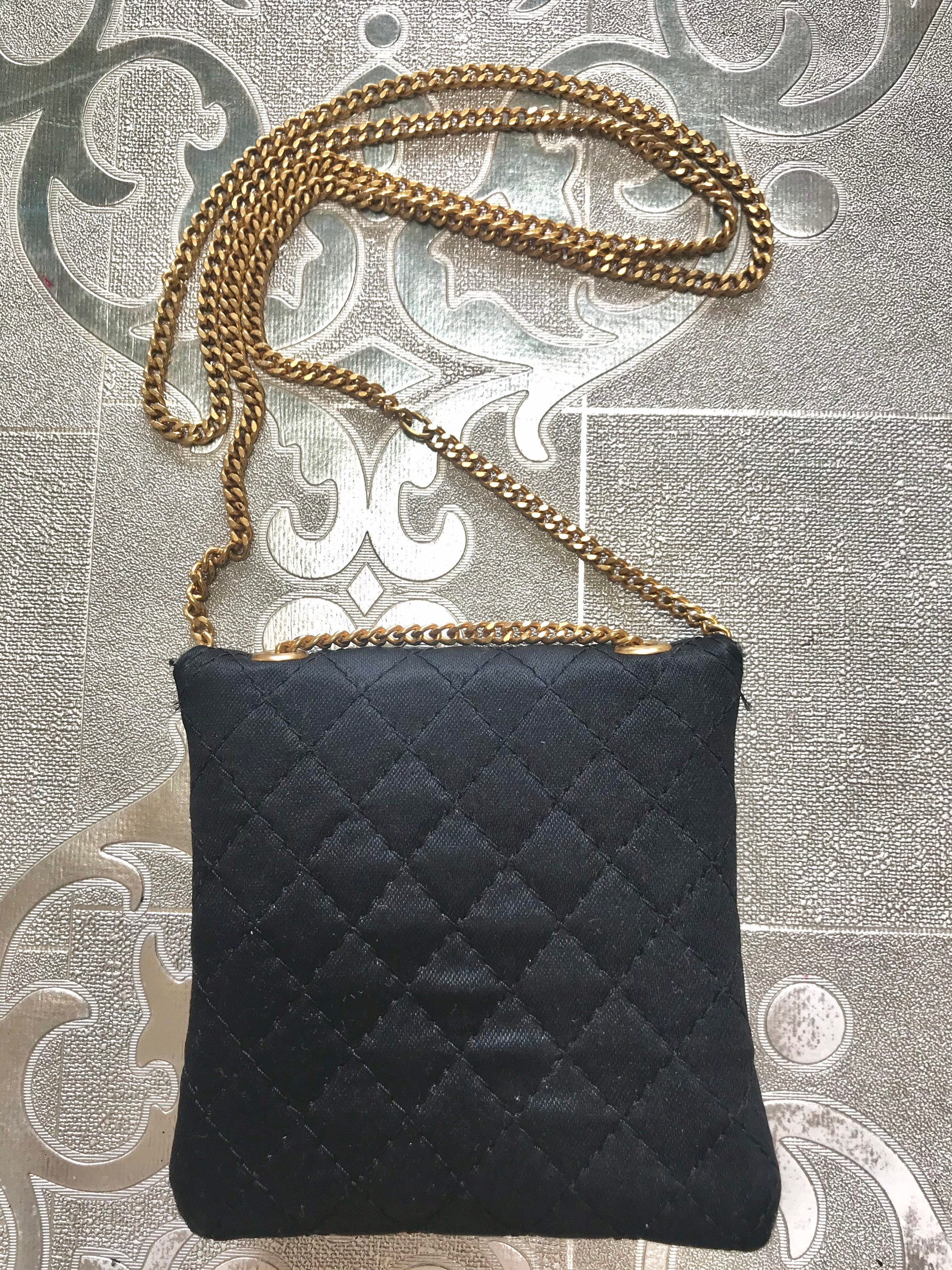 Vintage Chanel black quilted satin fabric mini pouch, coin purse