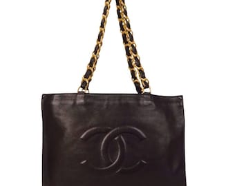 Vintage CHANEL black calfskin large golden chain large shoulder bag with CC stitch mark. Classic tote purse. 051126k1