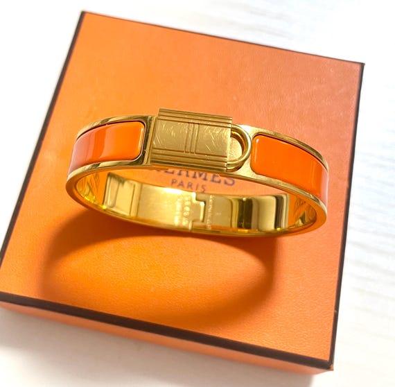 Vintage Hermes Orange Cloisonne Enamel Golden Bangle With H