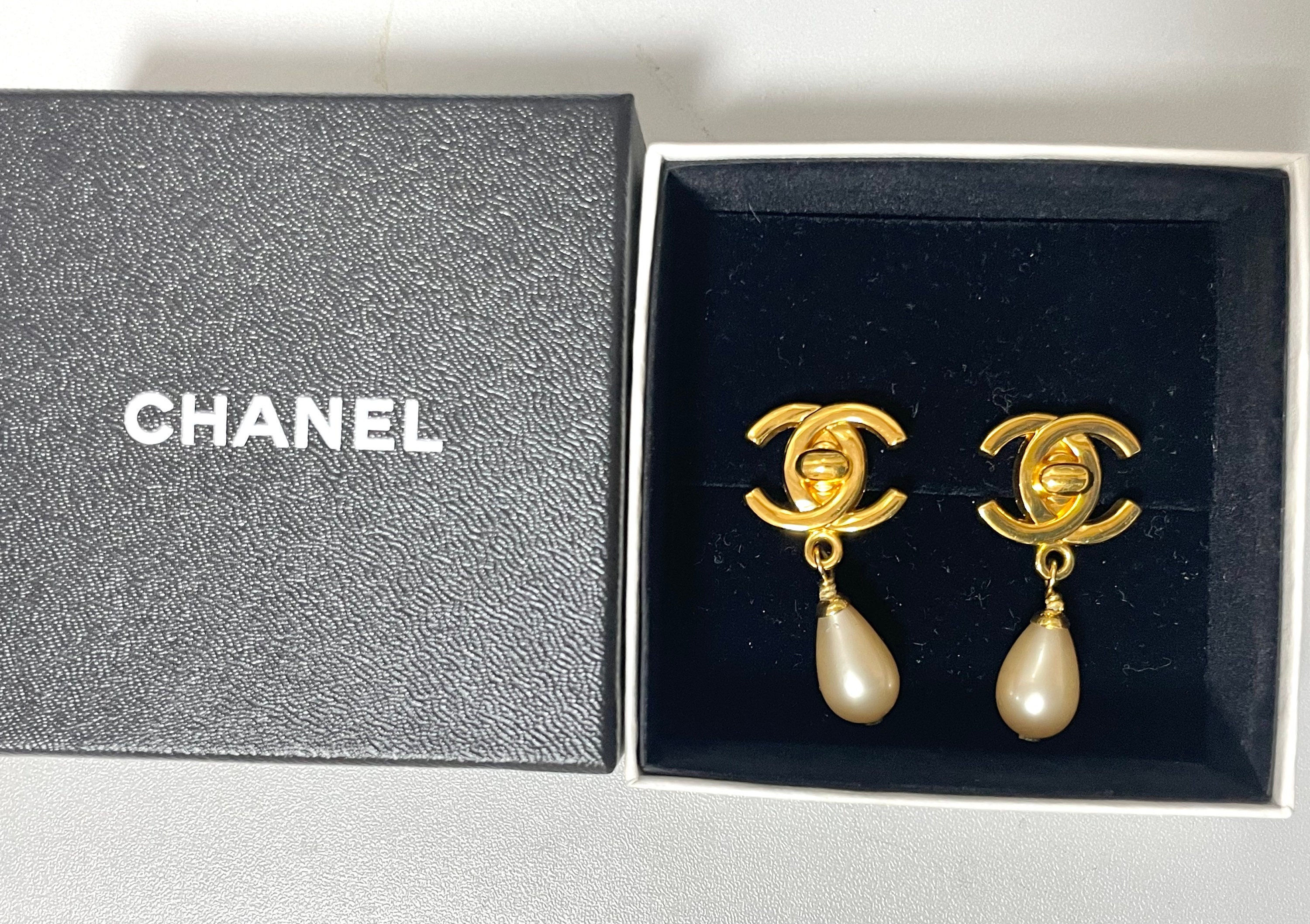 Chanel Vintage Gold Metal, Imitation Pearl, & Black Acrylic CC Drop Earrings, 1984-1990 | Clip-On | Drop Earrings, Vintage Jewelry (Very Good)