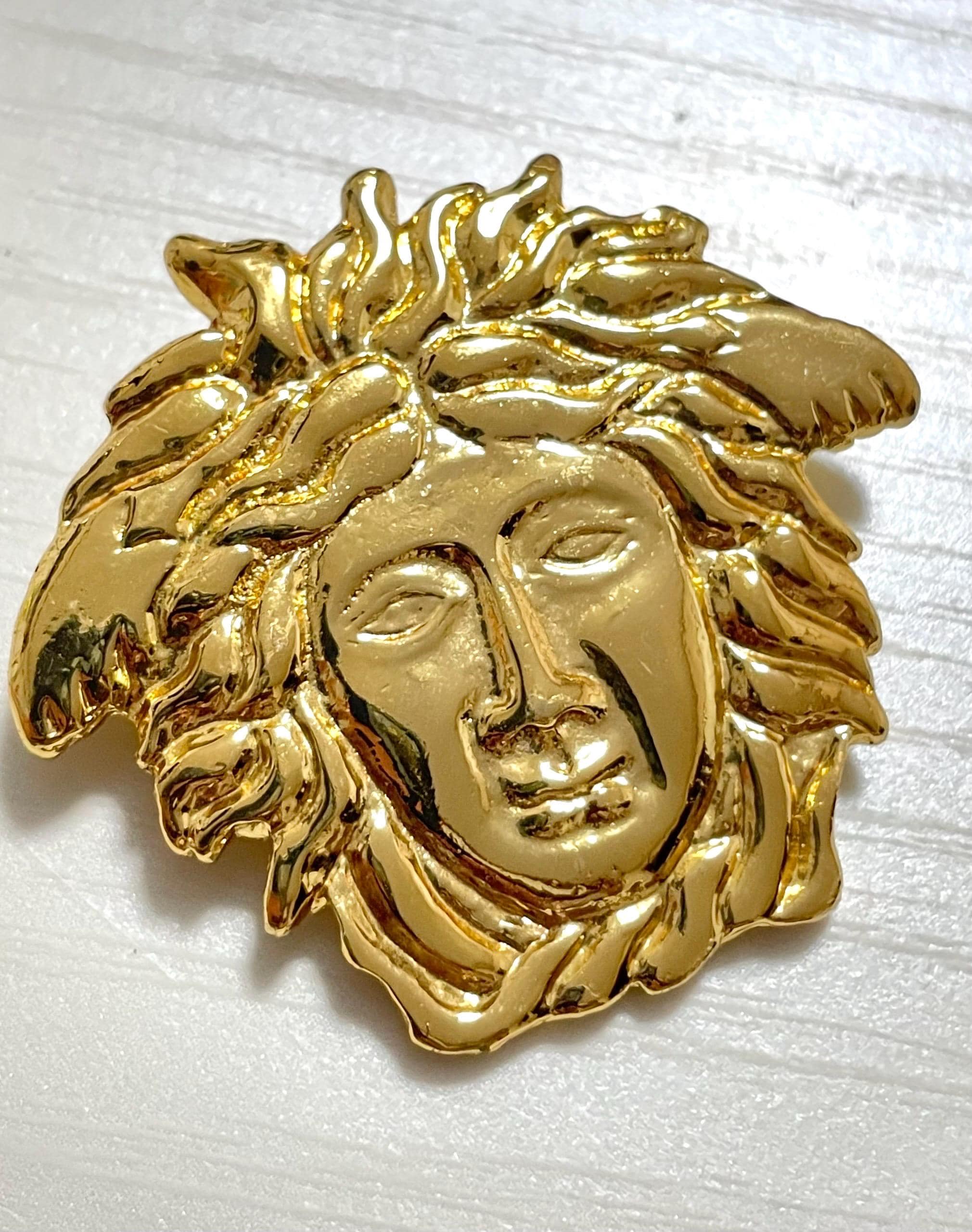 Vintage Gianni Versace Gold Tone Medusa Head Brooch. Made in Italy