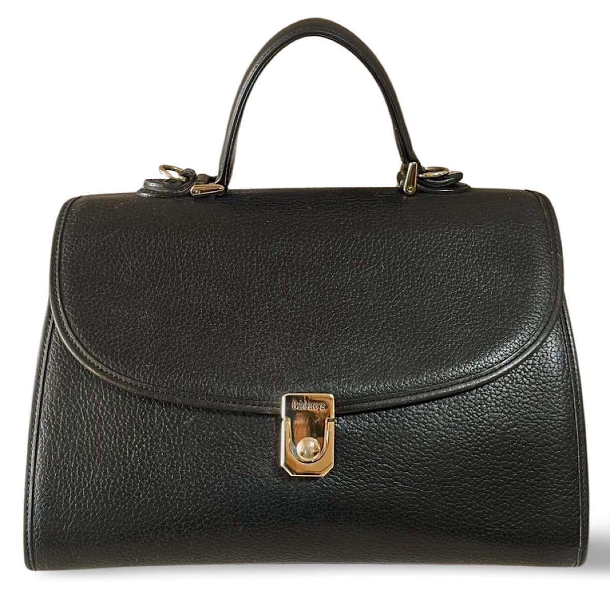Vintage Burberry Genuine Black Leather Handbag With Silver Metal