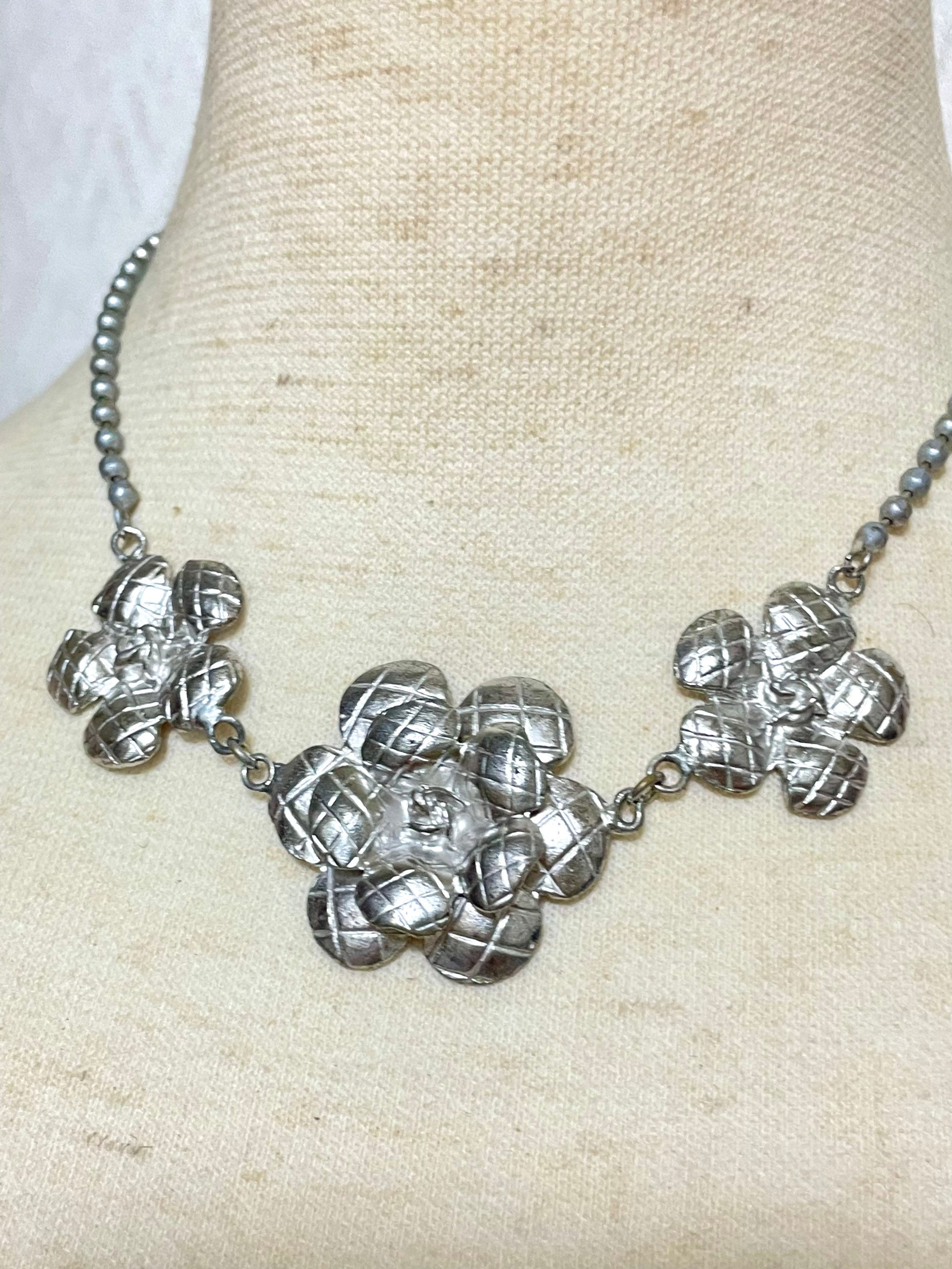 Vintage CHANEL Silver Matelasse Camellia, Rose Flower Charm