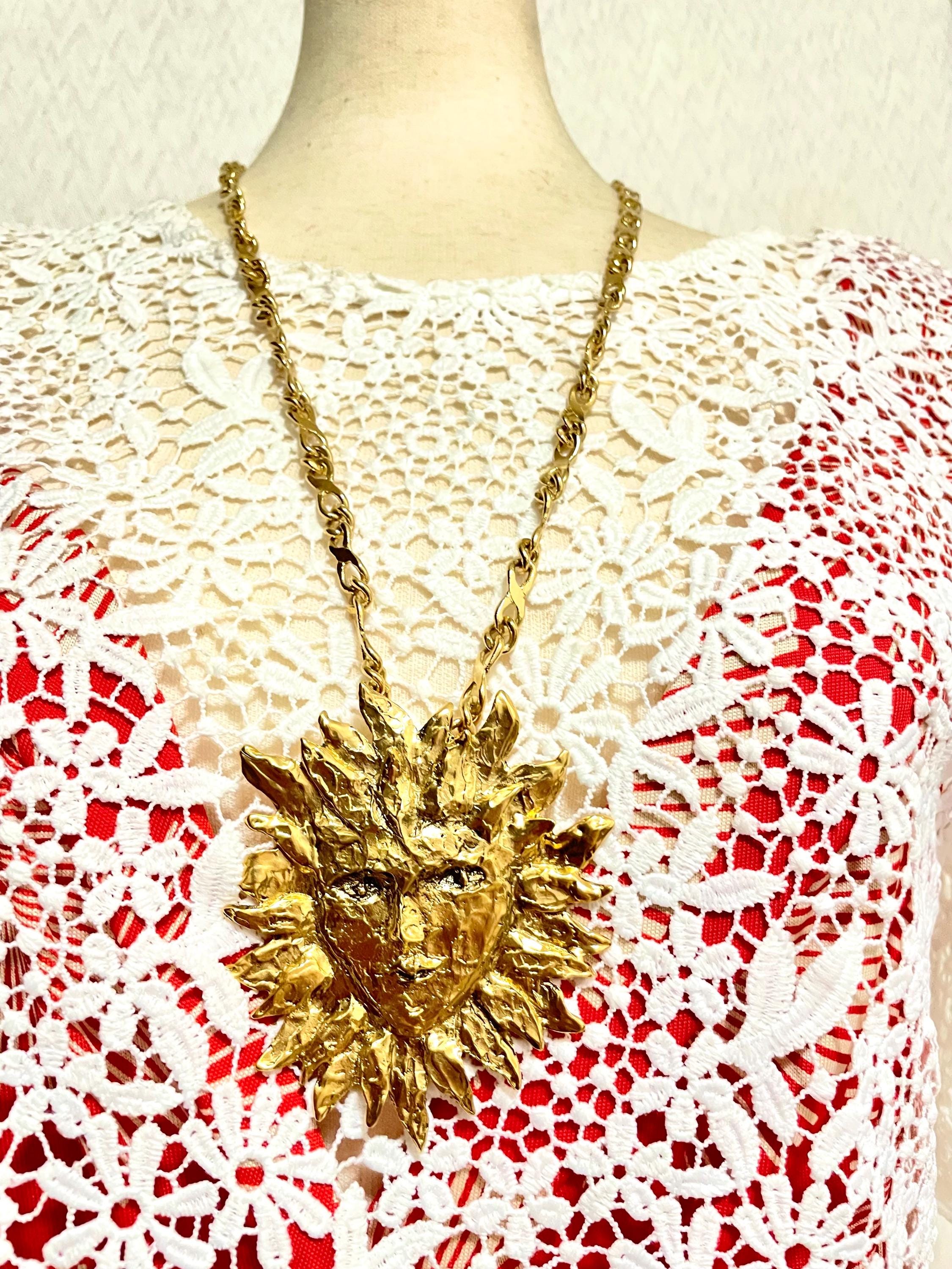 90s Vintage Yves Saint Laurent Sunburst Face Statement Necklace