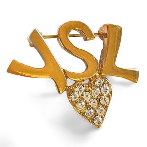 Vintage Yves Saint Laurent classic YSL logo and heart brooch with crystals. Perfect pin for hat, scarf, jacket etc. Great gift. 070715ac7