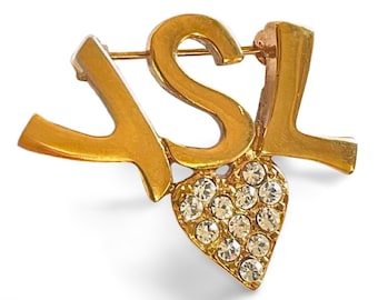 Vintage Yves Saint Laurent YSL Logo and Crystal Heart Brooch, 1990s Classic Pin. 070715ac7