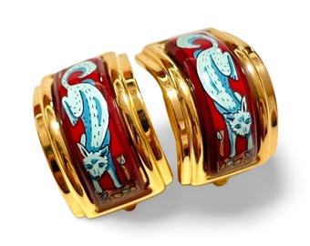 Vintage Hermes cloisonne enamel golden earrings with blue fox design. Classic Hermes jewelry. 060924ac1