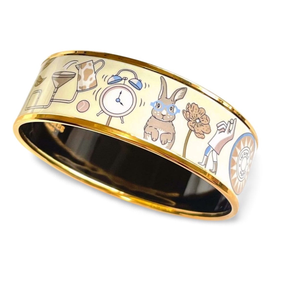 Vintage Hermes Cloisonne Enamel Golden Bangle With Artistic Vintage Hermes Cloisonne Enamel Golden Bangle With Artistic