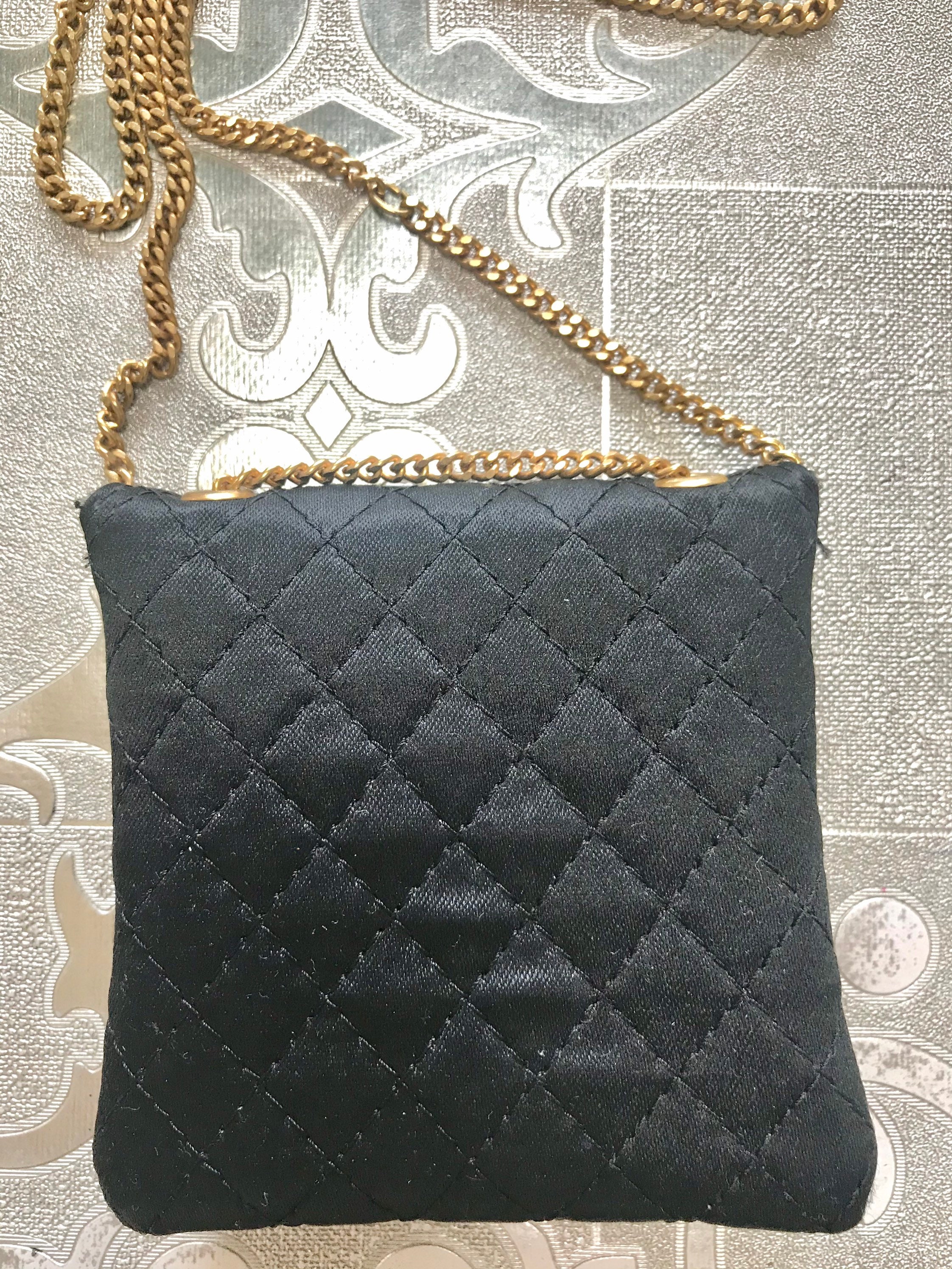 Vintage Chanel Black Quilted Satin Fabric Mini Pouch Coin 