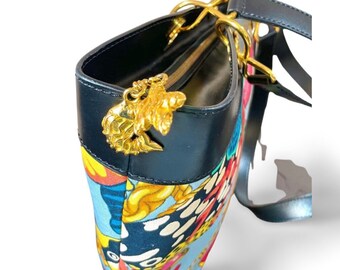 1990s Vintage CELINE Canvas & Leather Tote Bag With Tropical Fish