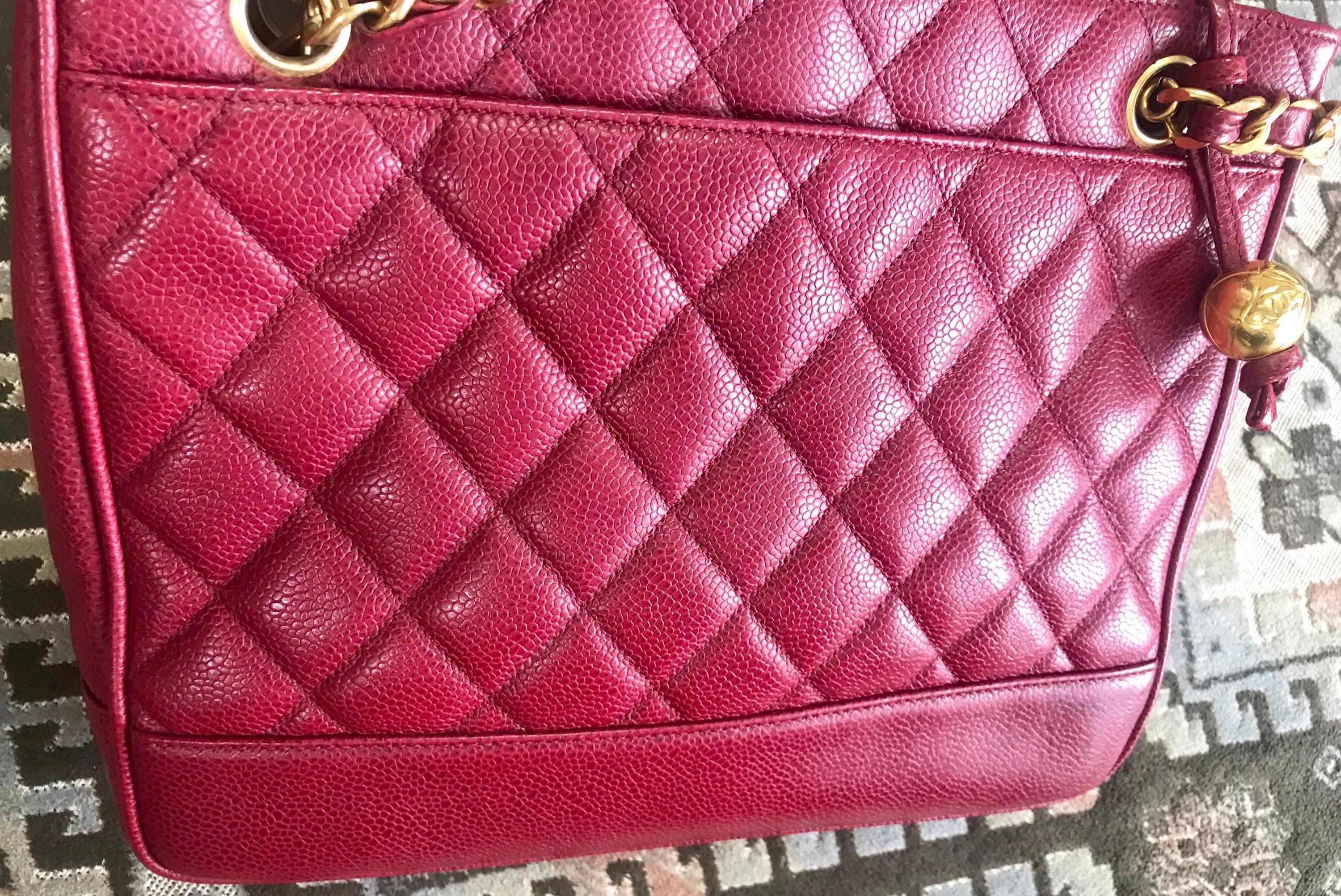 Vintage CHANEL cherry red caviar leather quilted shoulder bag tote with golden CC ball and chain straps. Classic bag. 060923re1 Etsy