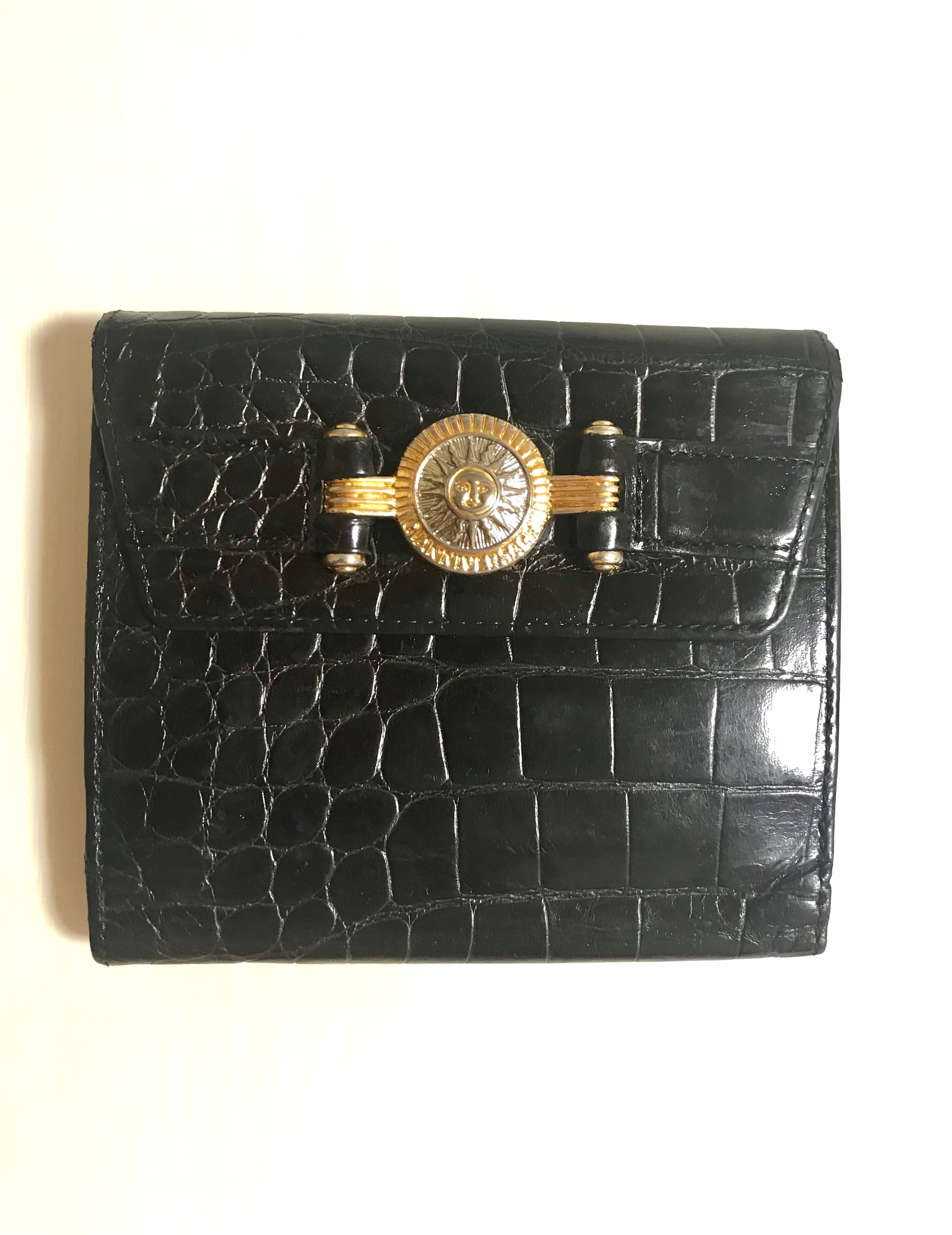 Vintage Gianni Versace Black Croc Embossed Leather Wallet. Golden