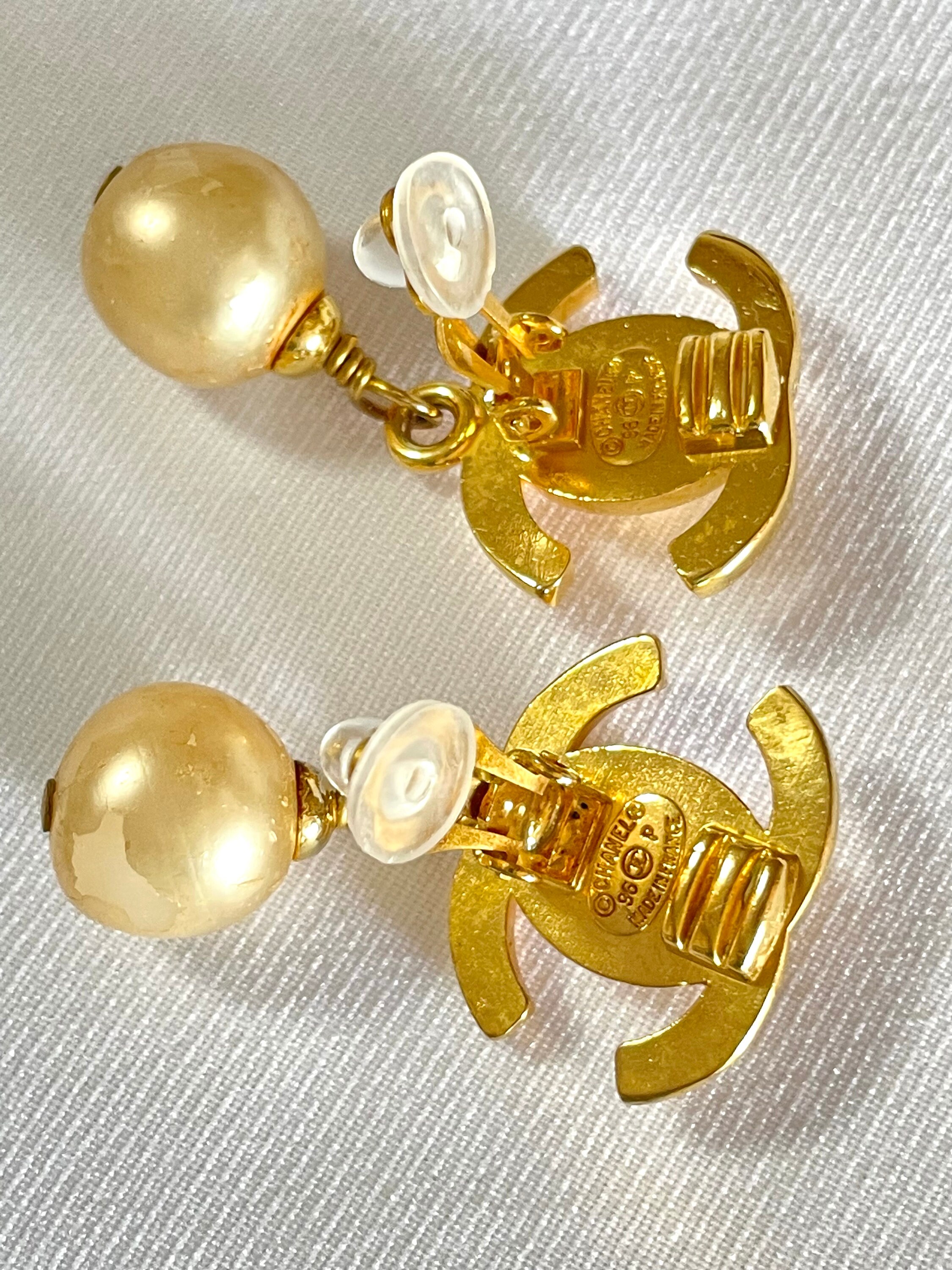 Vintage CHANEL Golden Turn Lock CC and Dangle Pearl Earrings
