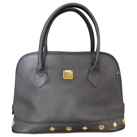 MCM Vintage Leather Signature Gold Studs Tote BAG IN BLACK