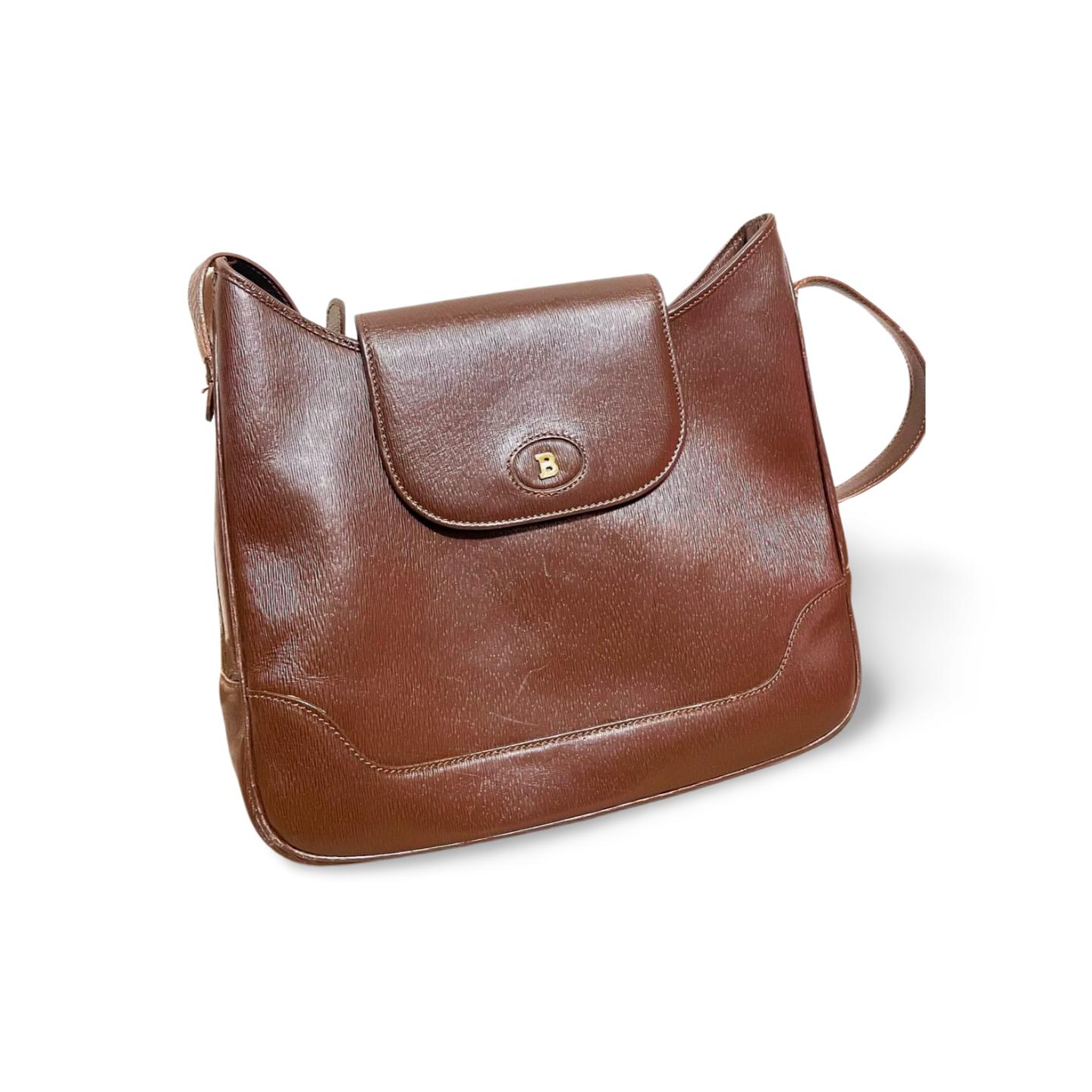 Early 1990s Vintage BALLY Brown Leather Trapezoid Shoulder Bag