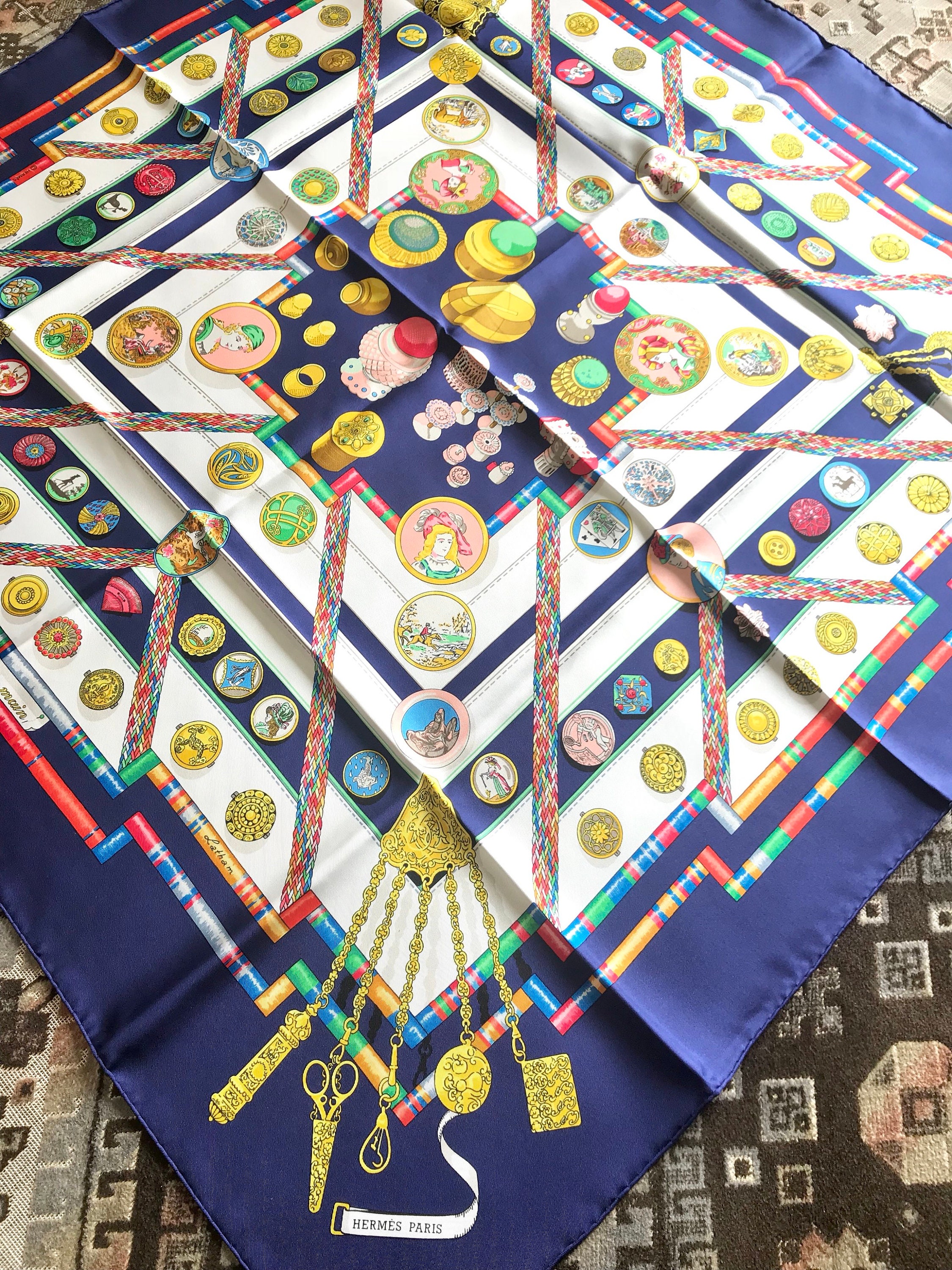 Vintage HERMES Carre navy silk scarf with yellow, pink