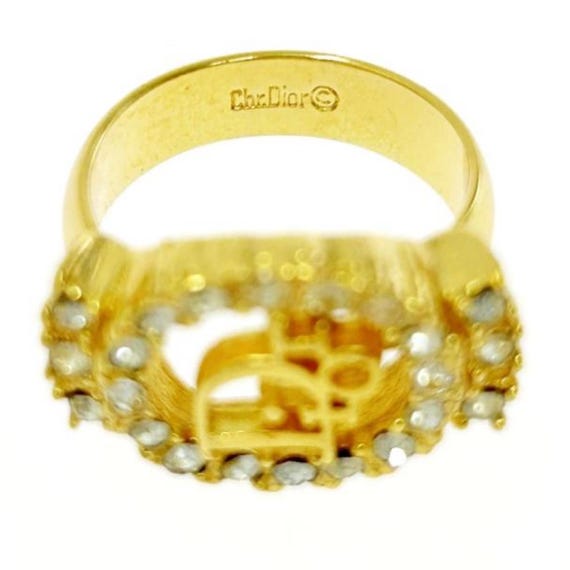 Vintage Christian Dior Gold Tone Ring With Logo and Rhinestone