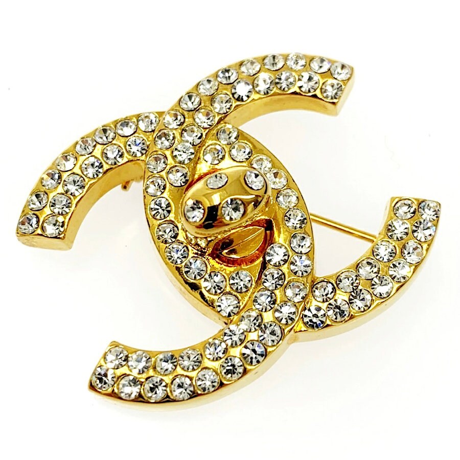 Vintage CHANEL Golden Turn Lock CC Pin Brooch With Crystals. Very ...