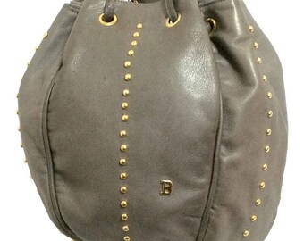 Vintage BALLY taupe gray lamb leather ball shape hobo bucket shoulder bag with golden B charm. Unique design. 050315r4