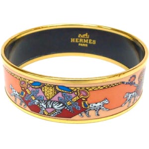 Vintage Hermes gold and pink cloisonne enamel bangle with Jaguar couple. CIRCUS. Beautiful jewelry. Cheetah, panther, tiger. 070320k2ys