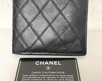 80's vintage CHANEL black calfskin square stitched wallet, bill, card case. Unisex purse. 070930yf