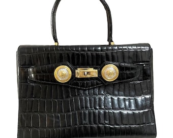 Vintage Gianni Versace black croc embossed leather handbag with Medallion Sunburst charms. Gorgeous masterpiece. 061104y1