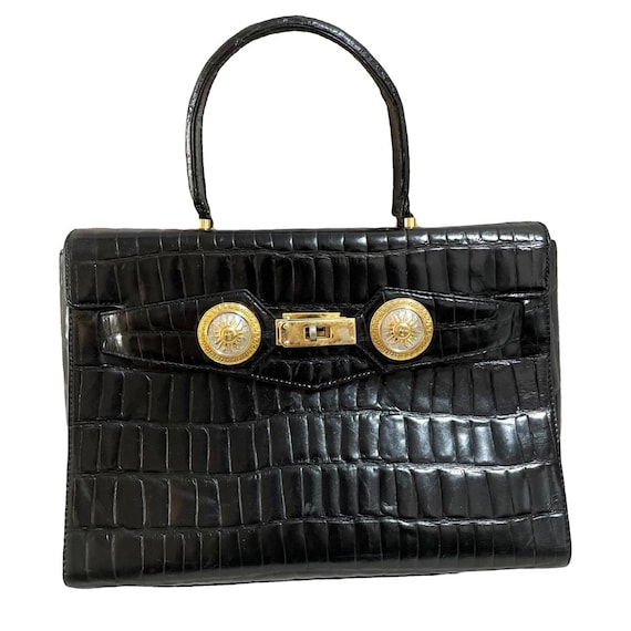 Vintage Gianni Versace Black Croc Embossed Leather Handbag With