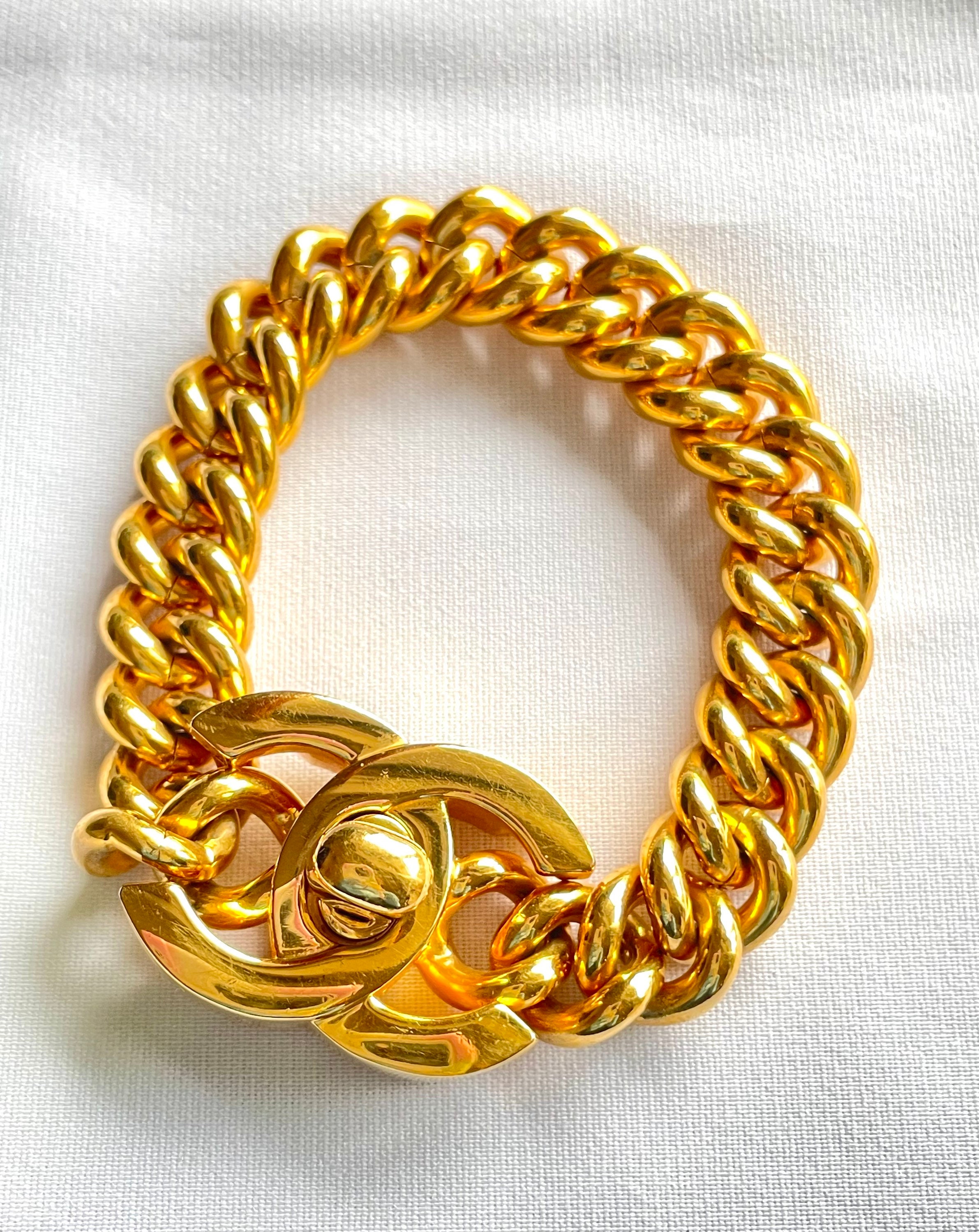 Vintage CHANEL Classic Gold Chain And Leather Cuff Bracelet #42 Vintage CHANEL Classic Gold Chain And Leather Cuff Bracelet