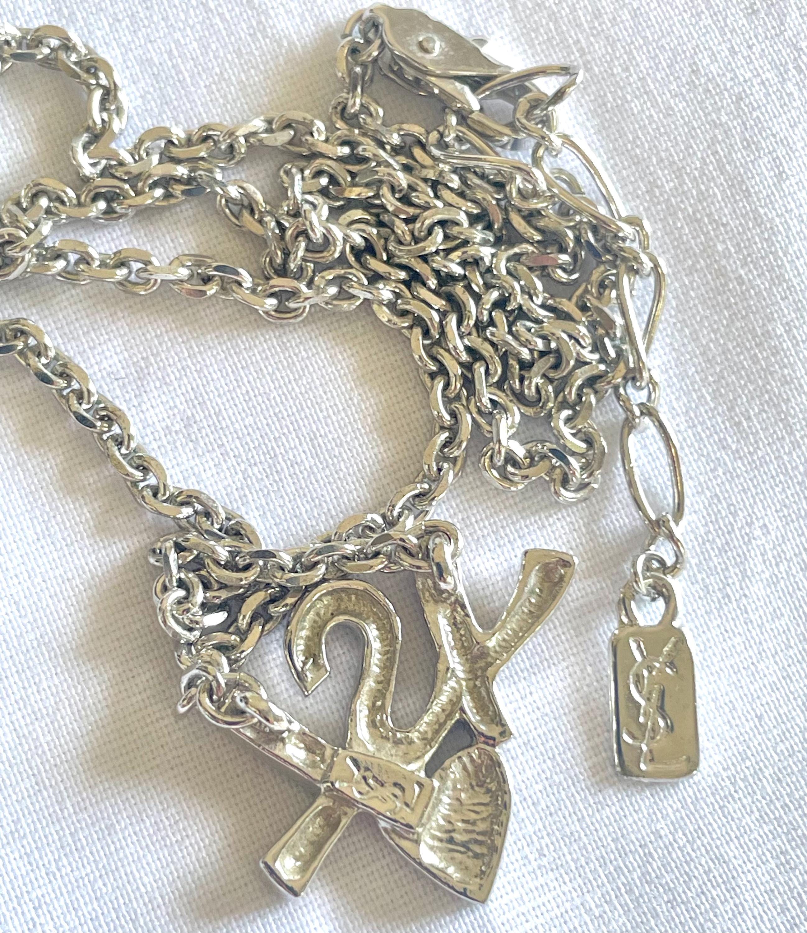 Vintage Yves Saint Laurent Silver Metal Necklace With YSL Logo and 