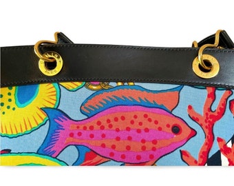 1990s Vintage CELINE Canvas & Leather Tote Bag With Tropical Fish