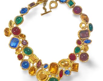 1990s Yves Saint Laurent Gripoix Statement Necklace – Multicolor Glass Gems, Heart Motif, Made in France, Rare Couture Bijoux. 071125ac1