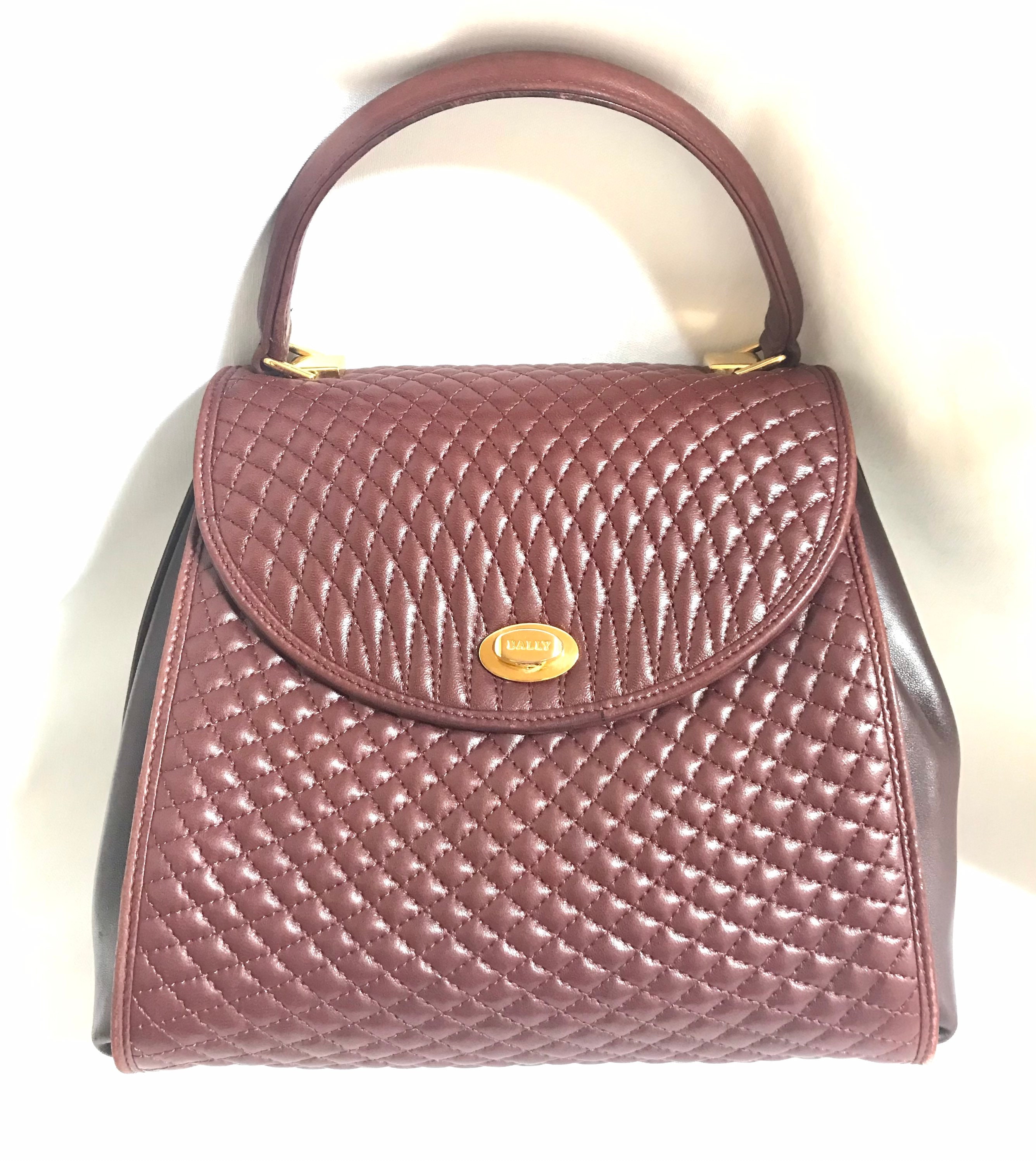 Vintage BALLY Wine Brown Quilted Lambskin Handbag With Golden Logo 