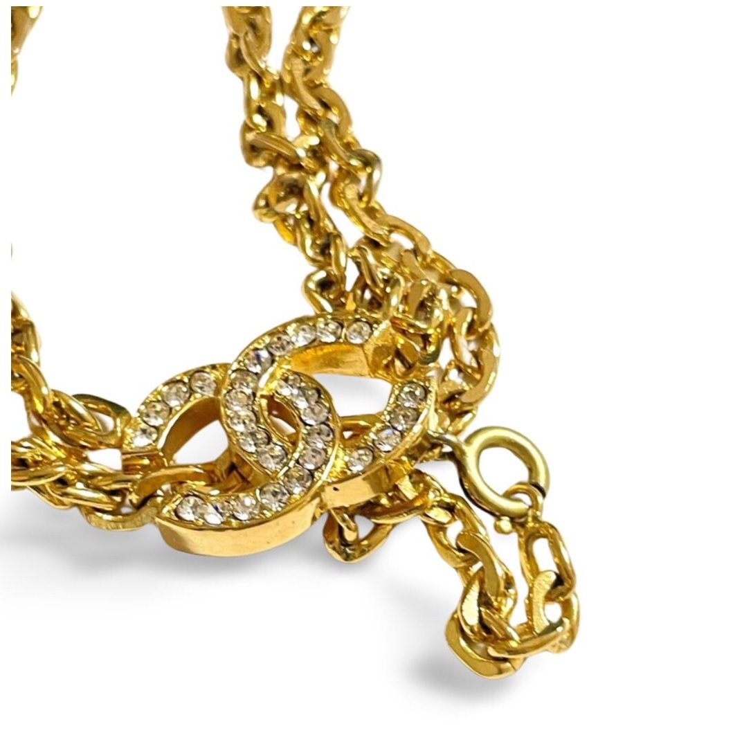 1980s Vintage CHANEL Crystal CC Pendant Necklace | Gold-tone Chain