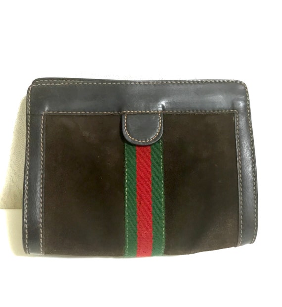 Vintage Gucci Brown Suede Clutch Purse With Red and Green 