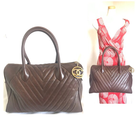 Vintage CHANEL Brown Caviarskin V Stitch Chevron Style Bag Speedy Bag With Golden CC Charm. Classic Purse for Daily Use. 060516re Etsy