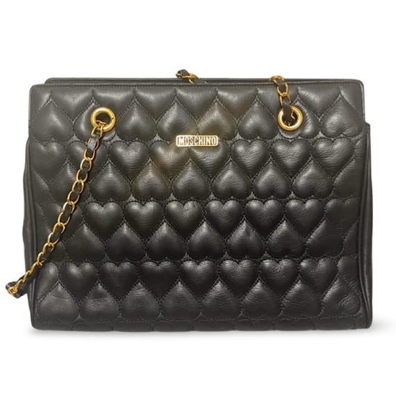 1990s Vintage MOSCHINO Black Heart Quilted Lambskin Tote With Gold