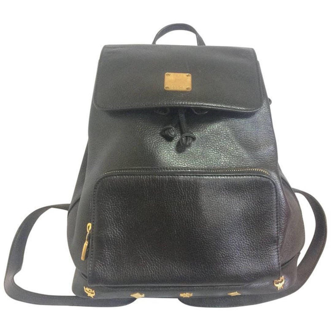 Vintage MCM Black Leather Backpack With Golden Studded Logo - Etsy