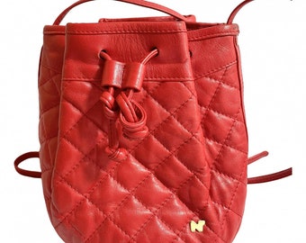 Vintage Nina Ricci Red Quilted Leather Mini Hobo Bucket Shoulder
