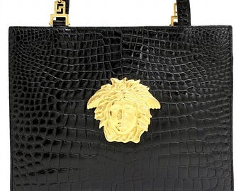 Vintage GIANNI VERSACE black croc-embossed leather Medusa tote bag with oversized gold-tone Medusa motif. 080616k1y