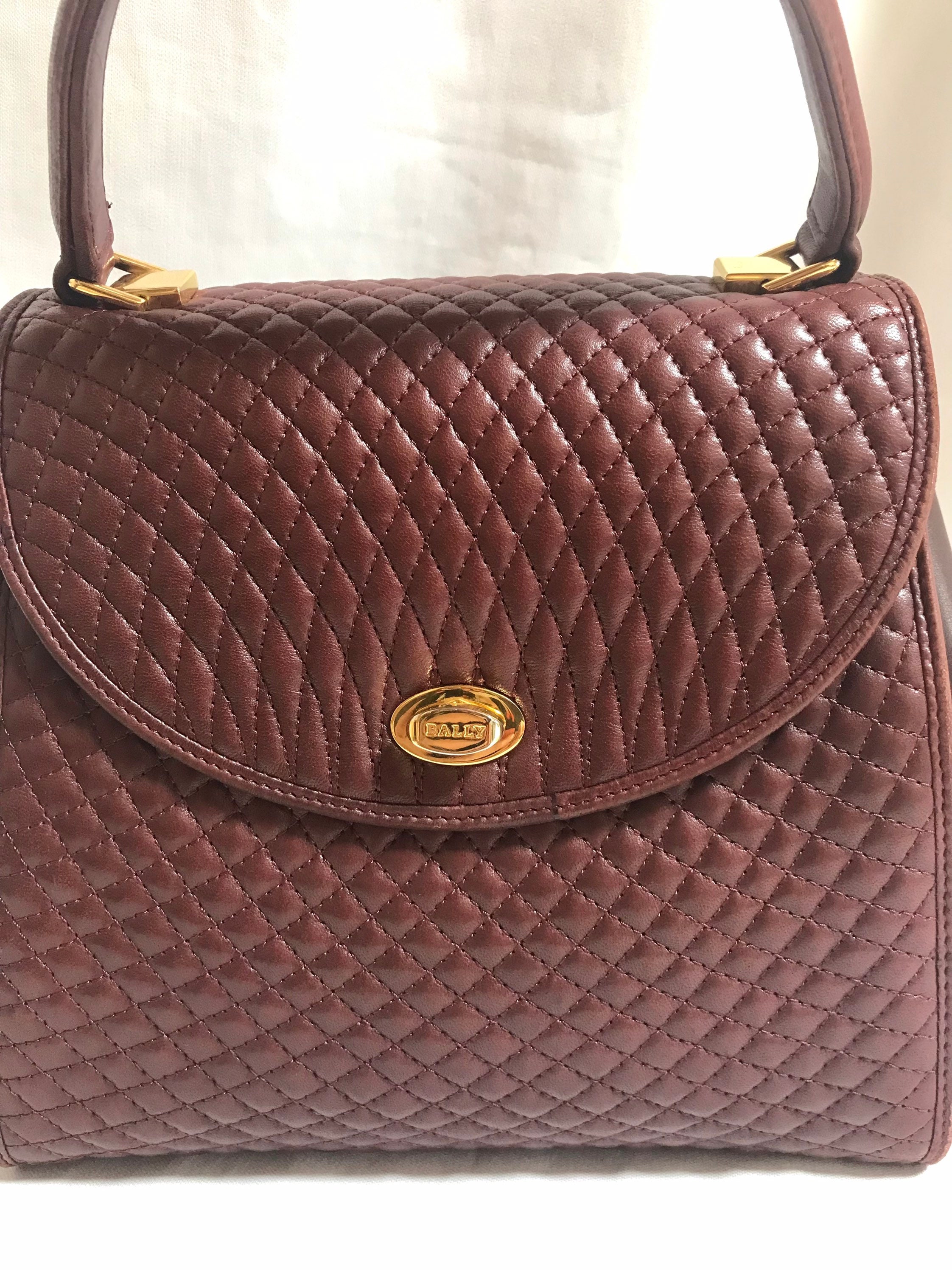 Vintage BALLY Wine Brown Quilted Lambskin Handbag With 