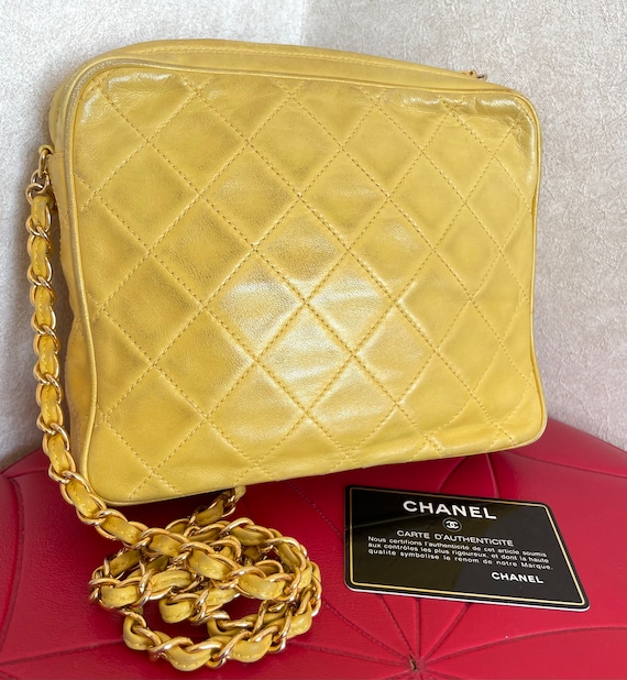 Vintage CHANEL Yellow Lambskin Camera Type Chain Shoulder Bag 