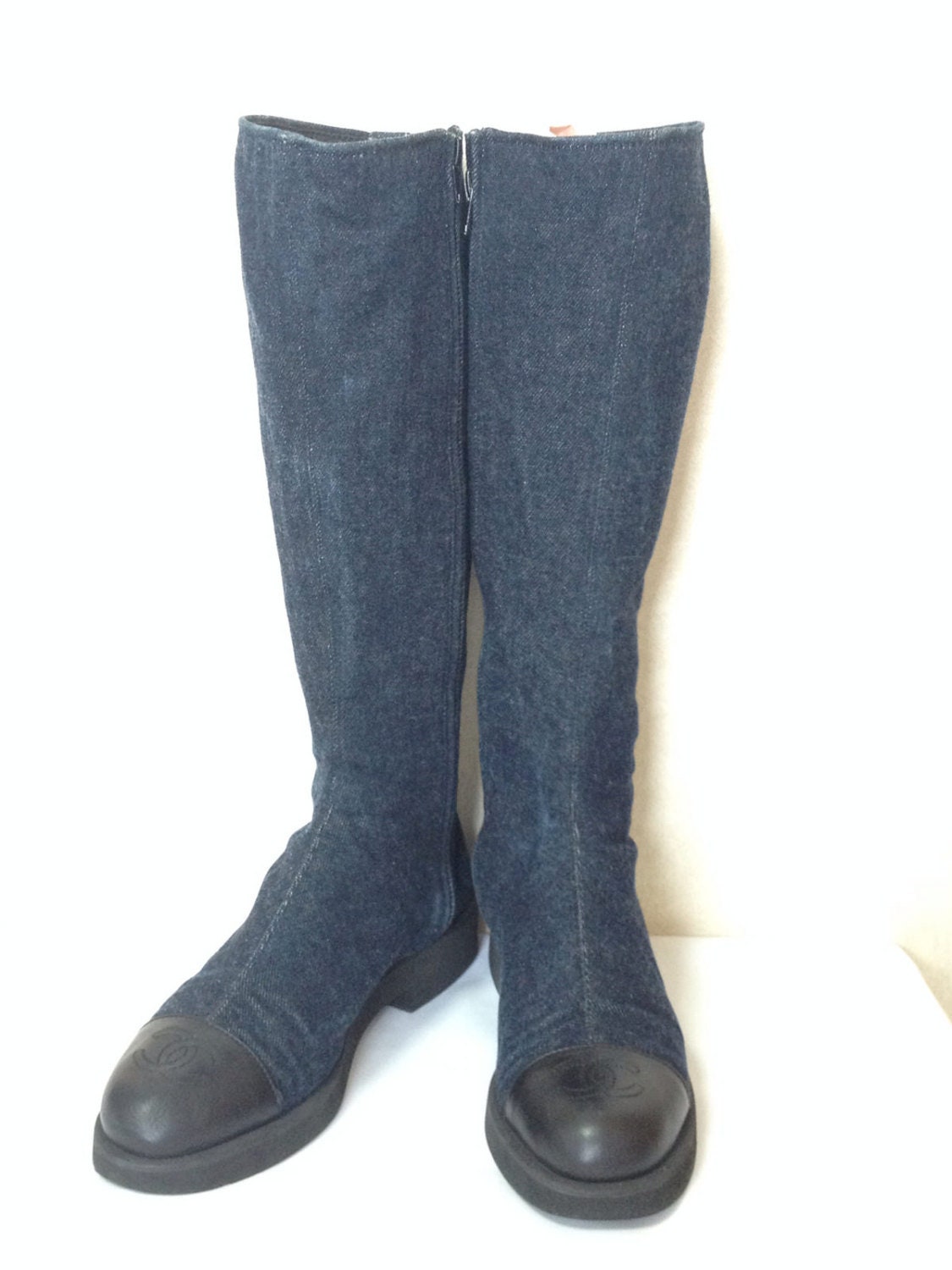 Chanel denim boots hotsell